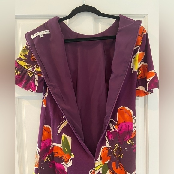 Trina Turk Purple Orange Pink Floral Short Ruffle Sleeved Scoop-neck Dress Lined - Picture 4 of 7
